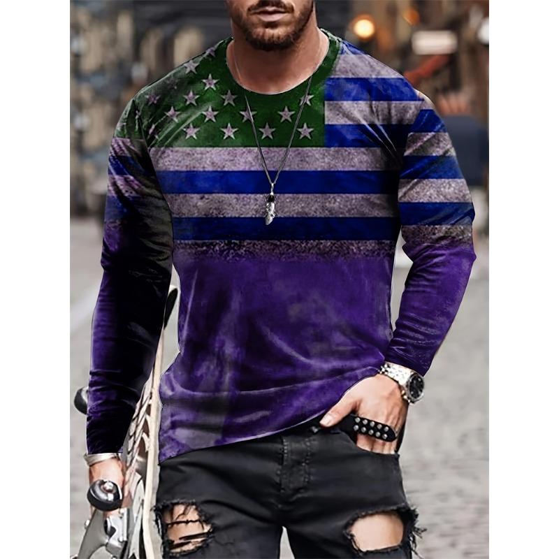 Herbst Alltags Casual Herren Langarm Street Fashion Herren Langarm T-Shirt Vintage Herrenbekleidung 3D Flagge Print Kleidung