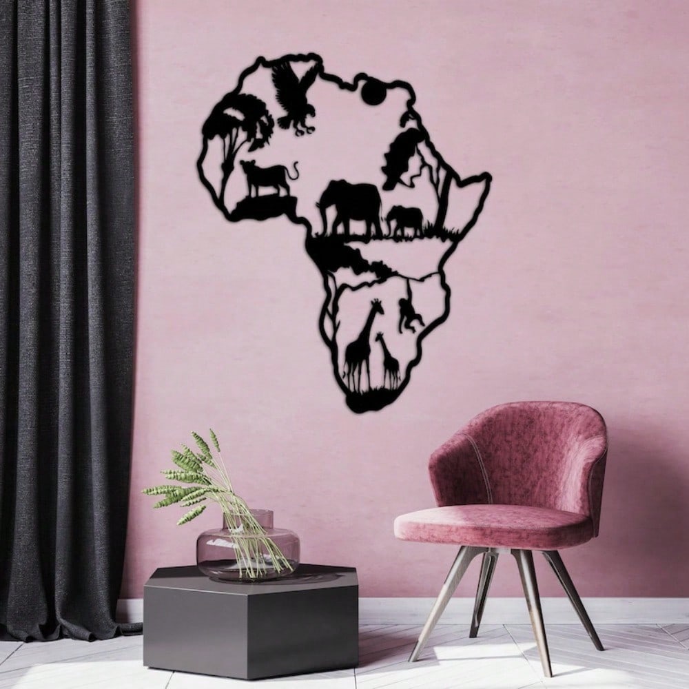 Black Africa Map Metal Wall Art, Wildlife Silhouette Sculpture with Rotating Hook, Unique Home Decor & Gift
