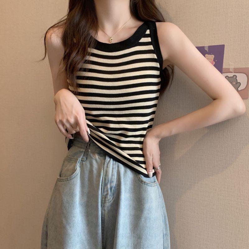 Women's Striped Sleeveless Knitted Summer Tank Top - Slimming, Sweet, and Cute