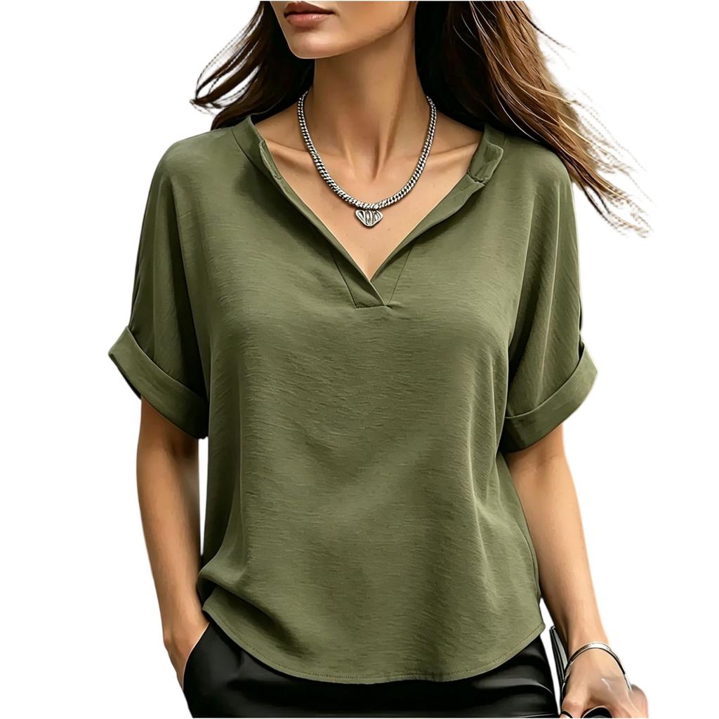 Women V Neck Short Sleeve Loose Fit T Shirt Casual Basic Lightweight Blouse with Rolled Cuffs for Daily Wear Work Travel
