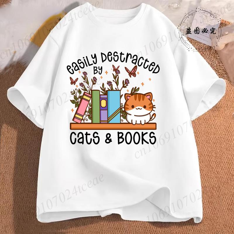 Easily Distracted By Cats & Books Tees Tops Floral Cat Shirt Women Fashion Tshirt Oversize Summer Tshirt Short Sleeves Clothing