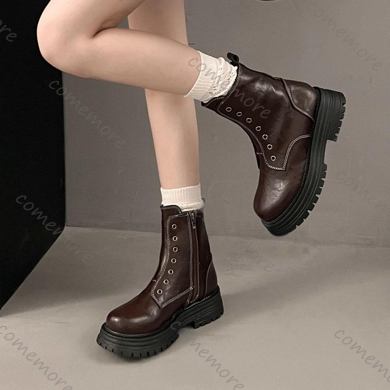 Comemore Women's Ankle Boots Retro Platform Leather Short Leather Gothic Punk Style Women's Shoes Side Zip Borines for Woman