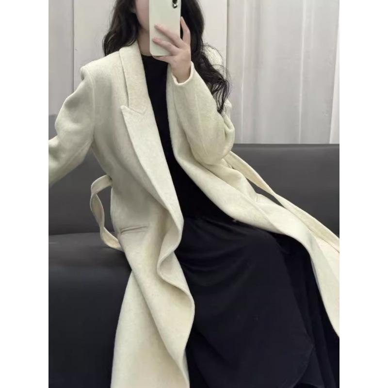 Bathrobe Style Front Shoulder Double-sided Wool Coat Winter Extended Over-knee Belt Long Hair Thickened Woolen Coat