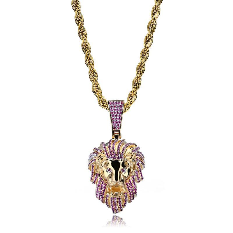 Hip Hop Lion Head Pendant Necklace Gold Plated Micro Pave Zircon Trendy Mens Jewelry