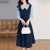 Women Casual Turn Down Collar Patchwork Long Sleeve Dress