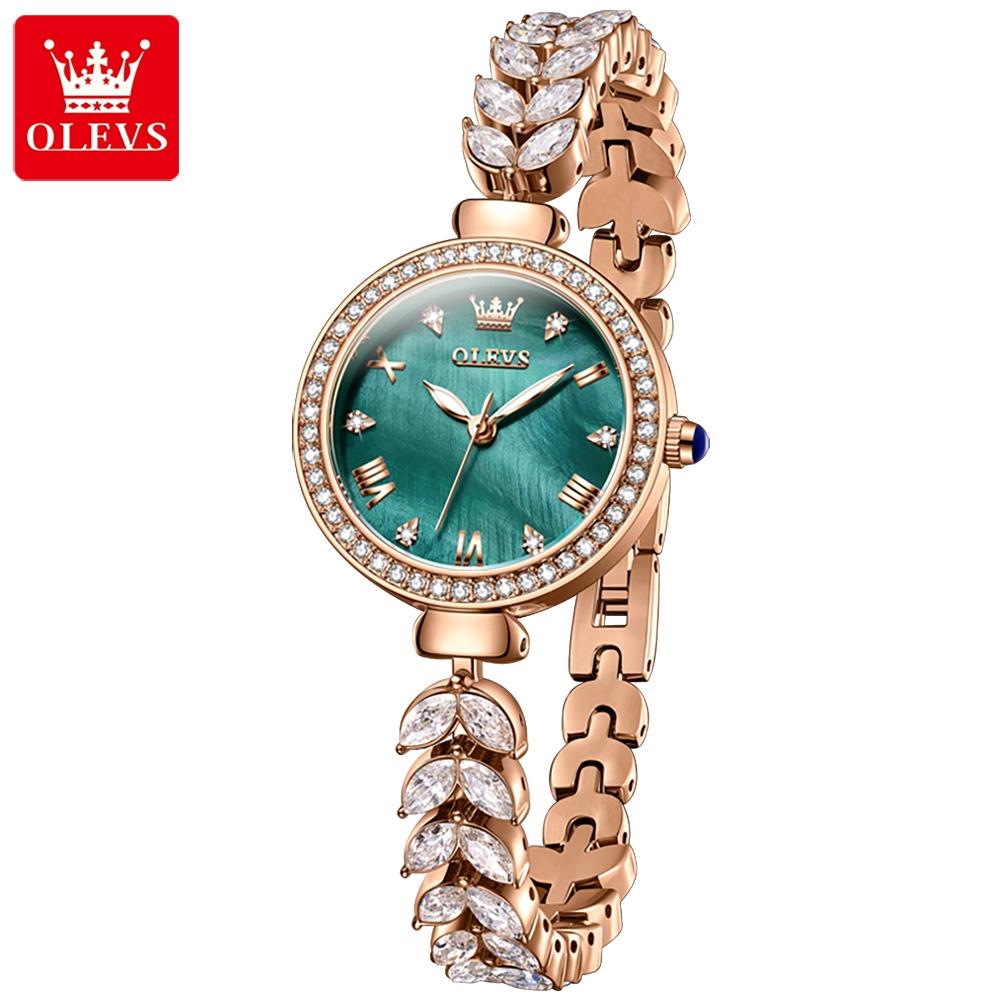 Luxury OLEVS Female Quartz Watch Crystal Inlaid Bezel Green Sunburst Dial Rose Gold Bracelet Ladies Dress Wristwatch Gift