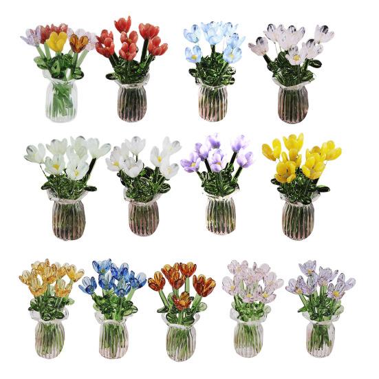 Glasblumenstrauß mit Vase Handgeblasene Mini-Blumendekoration Haus Wohnzimmer Handgefertigter Simulations-Blumenschmuck mit Stiel