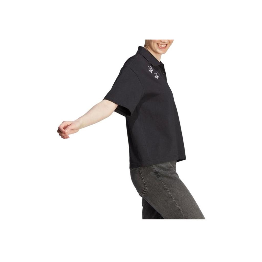 Adidas Logo Star Print Short Sleeve Polo Shirt Women Tops Black IJ8747