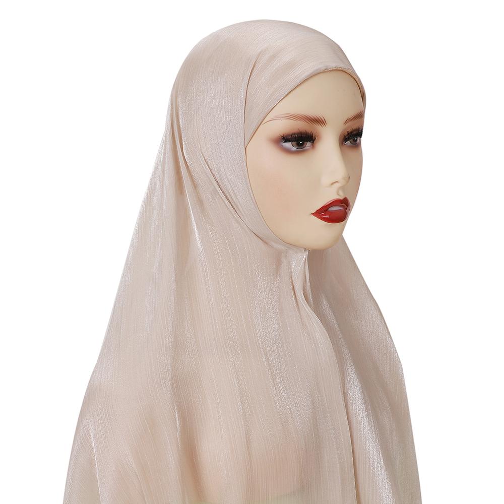 New Solid Color Glitter Hijabs 2Pcs With Undercap Muslim Ladies Soft Head Wrap Shimmer Satin Crepe Hijab Shawl