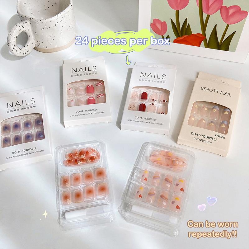 2025 Newest 24Pcs/Set Nail Art French Fake Nails Set With Glue Abs Plastic - Simple Short Nail Stickers