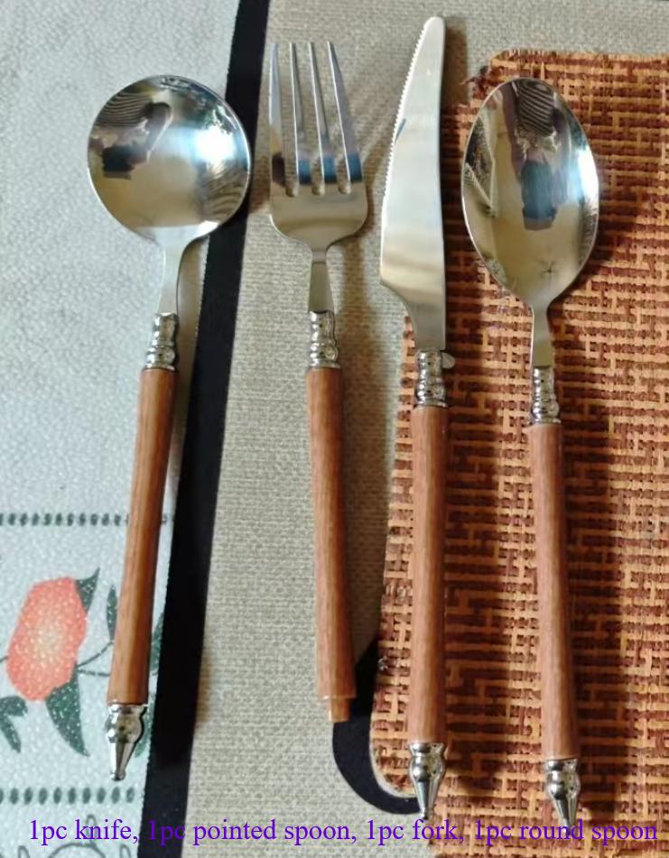 Wood grain long handled spoon, stainless steel cutlery fork spoon, exquisite imitation wood handle 4-piece cutlery set