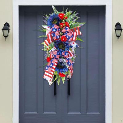 Patriotic Wreath Floral Garland Hanging Handcrafted Bows 4TH of July for Party