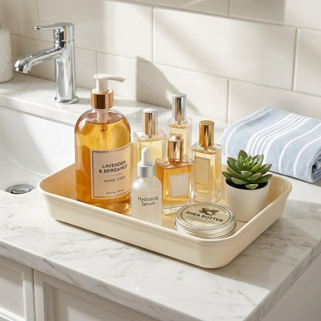 Plastic Bathroom Counter Tray Vanity Tray Waterproof Makeup Organizer Cosmetics Storage Perfume Stand Raised Edge Dressing Table