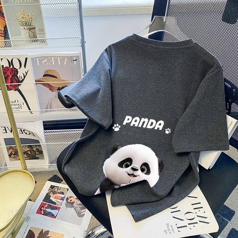 Women's Crew Neck Short Sleeve T-Shirt Cute Panda Print Loose Casual Mid Length Summer Tops Tees
