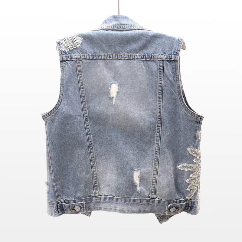 Fashion Lace Beaded Denim Vest Women Cardigan Spring Sleeveless Jacket Fashion Loose Vintage Jeans Waistcoat Tide