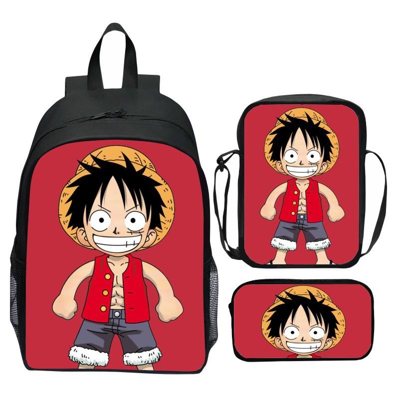 Set Zaino 3 Pezzi Stampato One Piece Cartone Animato Pirata Blu Marinaio Zaino Scuola Elementare Grande Capacità Resistente all'Acqua Zaino per Bambini