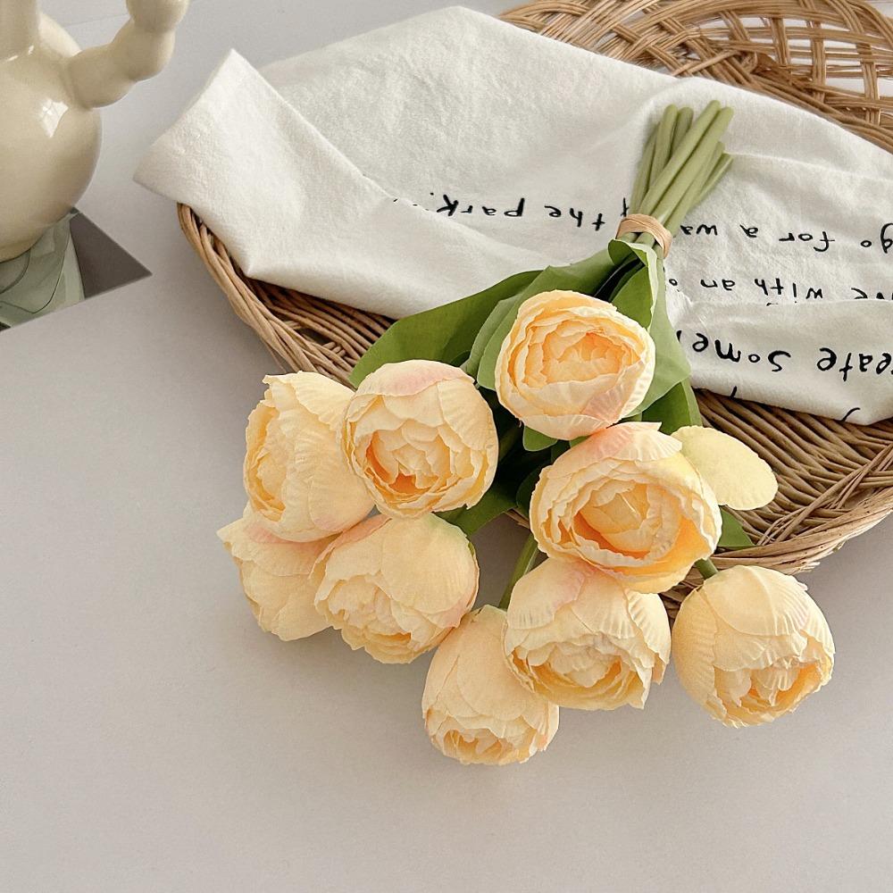 

9pcs 9 Heads Silk Tulip Flower Burnt Edge Fake Flowers Artificial Tulip Bouquet Birthday Decor жёлтый