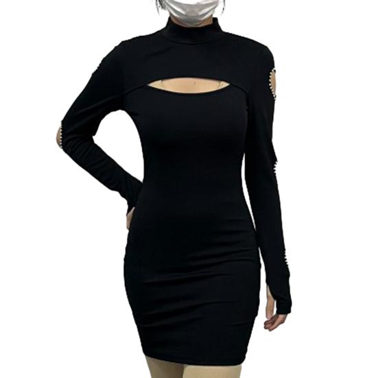 Women Dress Hollow Out Lace Skinny Sheath Solid Color Half-high Collar Elastic Soft Flower Applique Cutout Heart Above Knee Mini Dress