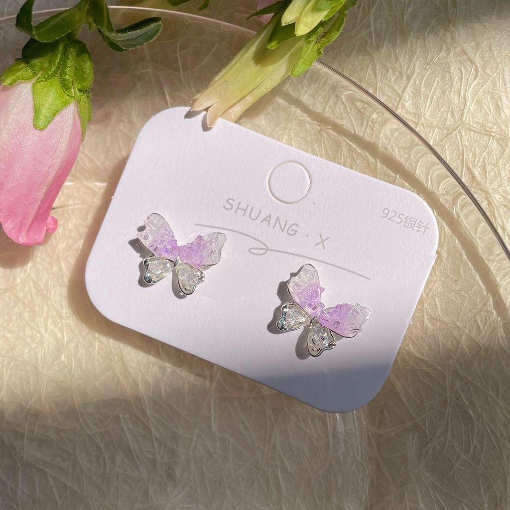 Purple Gradient Crystal Butterfly Earrings - High-End Silver Needle Design for Women