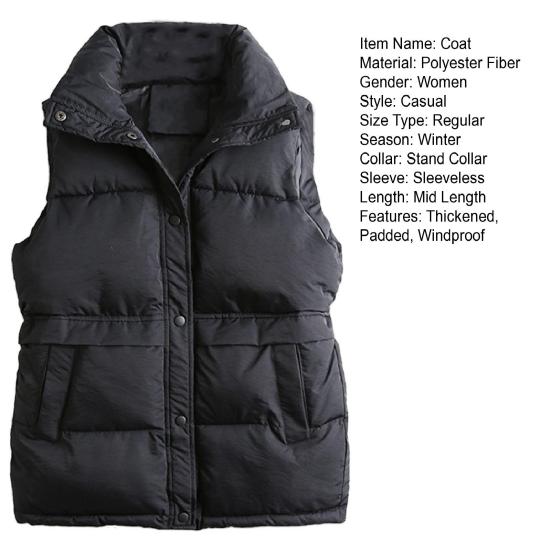 Women Winter Coat with Pockets Press Button Closure Padded Stand Collar Sleeveless Solid Color