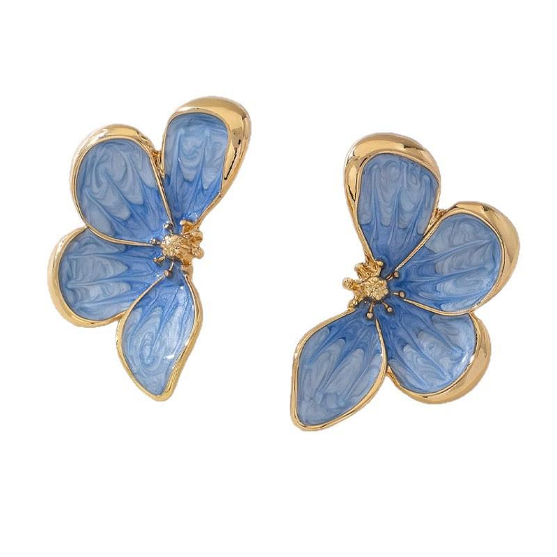 Vintage Blue Drip Oil Flower Stud Flower for Women Exquisite Metal Four Petal Floral Temperament Earrings Wear Jewelry Gift