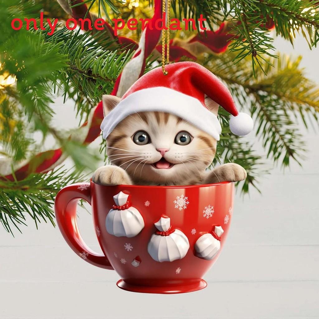 Flat Acrylic Surface Pendant With Cute Cat Wearing Christmas Hat Design Decor