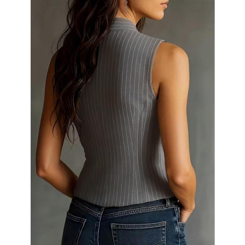 Women Elegant Striped Sleeveless Slim Fit Shirt Vest