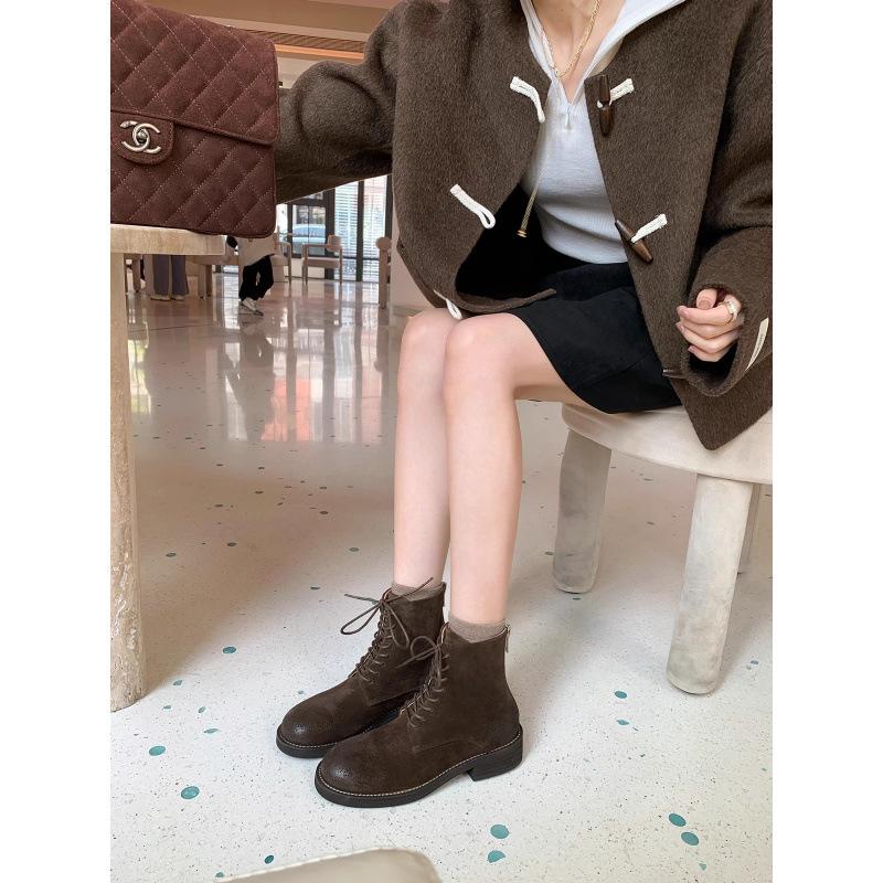 

Shoes suede lace-up versatile round head thick heel Martin boots women s autumn and winter 39