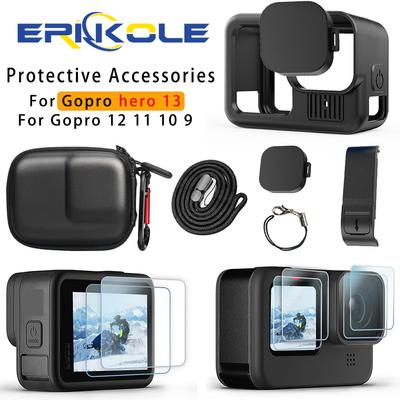 GoPro Hero 13 Black için Silikon Kılıf Ekran Koruyucu Film Lens Kapağı Kılıfı Go Pro 13 12 11 10 9 Kılıf Aksesuarları için Saklama Çantası