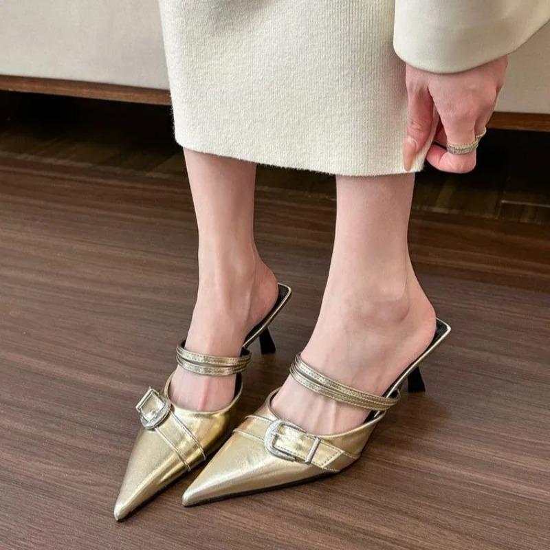 2025 spring/summer new women shoes French pointy  outdoor half slippers beach  gold stilettos toe cover sandals
