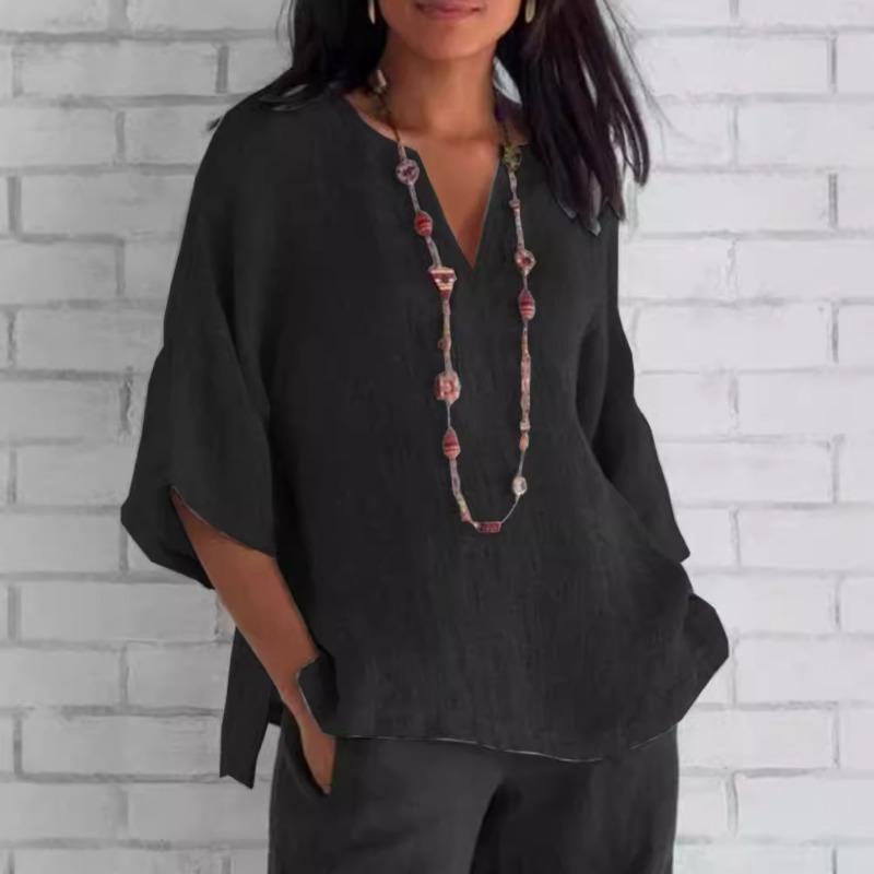 Fashionable Summer Women's Seven Quarter Sleeved Cotton Linen Solid Color Loose Casual Shirt