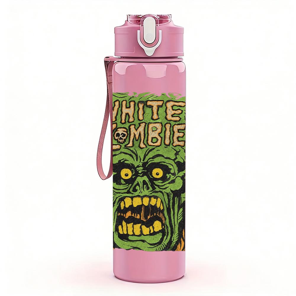 1PC Green zombie monster face print 750ml colorful plastic sports water bottle leakproof pop up lid with straw for outdoor work home use