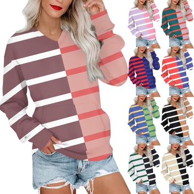 Women's Casual Fashion Striped V-Neck Long Sleeve Sweatshirt Lightweight Pullover With Pockets Sweatshirt