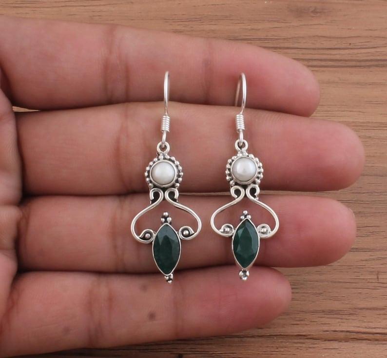 

Solid 925 Sterling Silver Emerald & Pearl Gemstone Earrings Handmade Earrings Gift For her