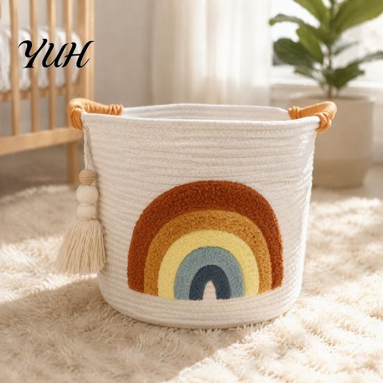 Foldable Sundries Holder Large Cotton Woven Storage Basket, Cartoon Embroidery Toy Organizer Bin, Soft Fabric Container Capacity with Reinforced