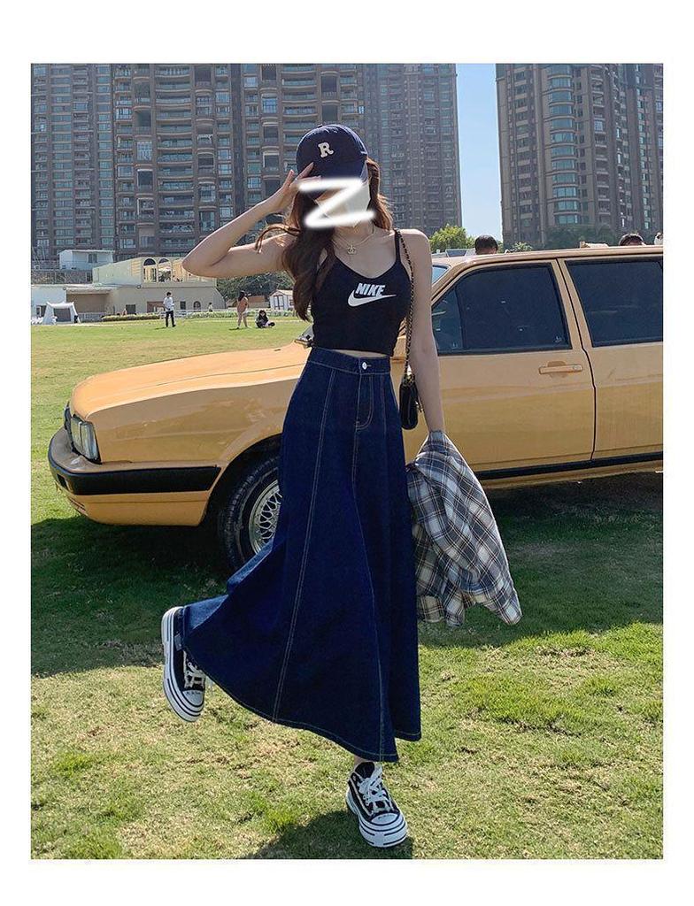 Plus Size Women's High-Waist A-Line Denim Skirt - Long, Slim, Fishtail Design for Summer and Autumn