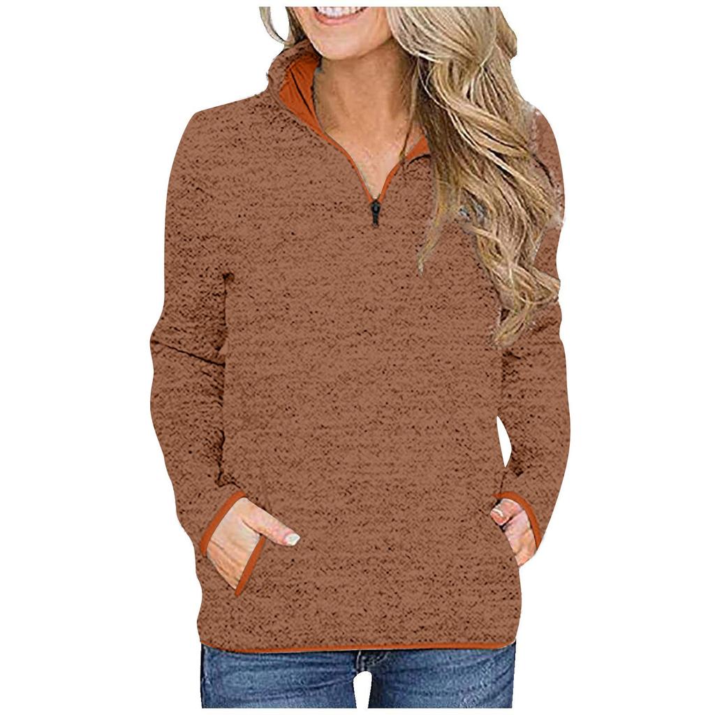 Ladies  Winter Pocket Pullover Long Sleeve Stand Collar Zip Sweatshirt Top