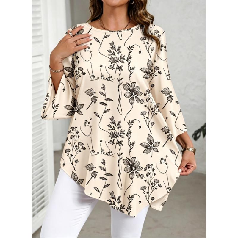 [Blusentop in Übergröße] Damen Casual Elegantes Blusentop mit Blumendruck und Rundhalsausschnitt für den Sommer - Übergröße