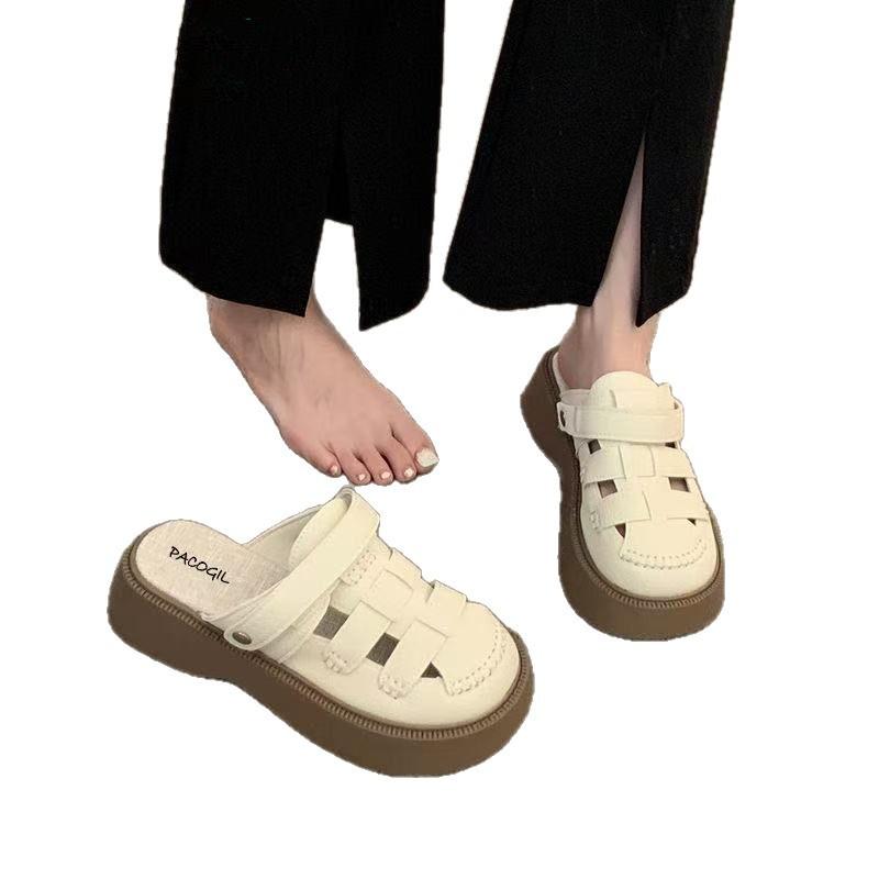 Baotou Half Slippers Women's 2025 Summer Daily Wear One Pedal Non-slip Roman Shoes Two Wear Hollow Sandals Thick Sole