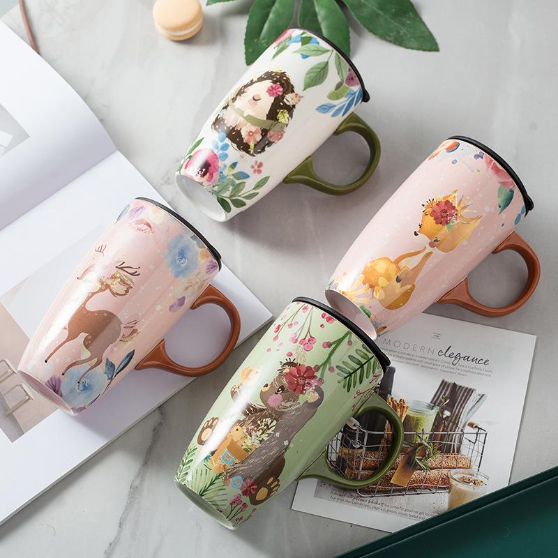 Creative Cartoon Ceramic Cup Large Capacity Drinking Cup with Lid Home Office Coffee Cup High value Couple Mug