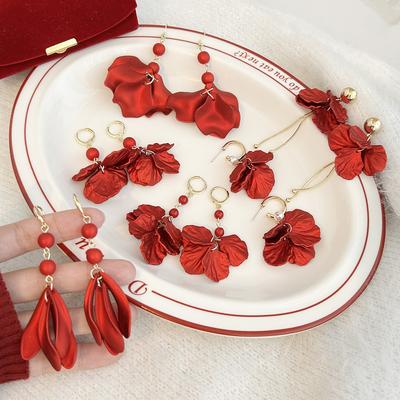 Red Petal Earrings  Elegant and Fashionable Flower-shaped Earrings for Women