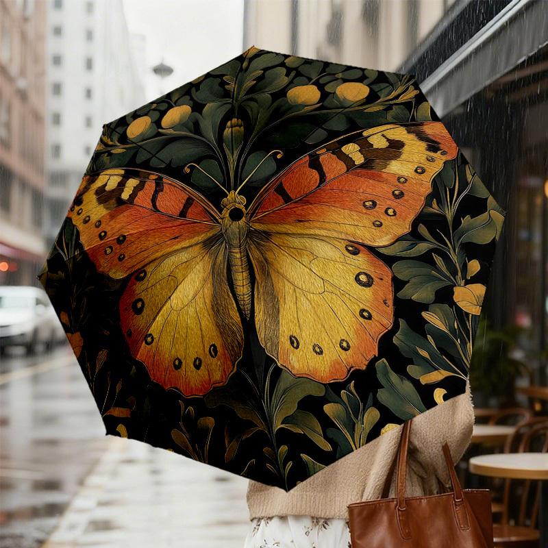 1pc Butterfly Floral Automatic Folding Umbrella, Heavy Duty 8 Rib Iron Frame,  Suitable for Travel, Daily Use, Birthday, Decor Gift M0104065