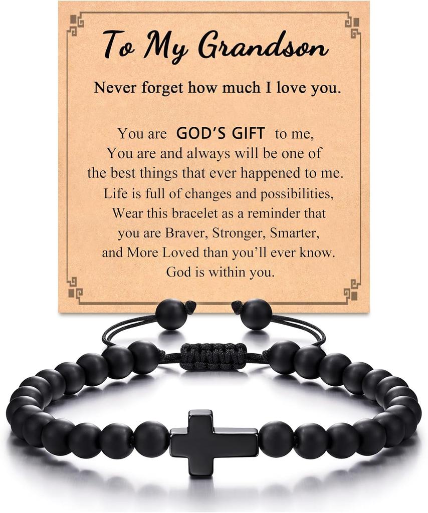 Black Onyx Stone Cross Bracelet for Men Teens Boys, Cross Jewelry Christian Gifts for Easter, Christmas, Birthday, Religious