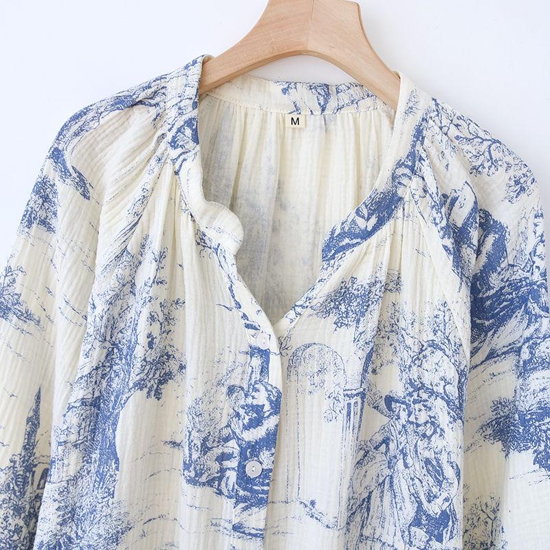 Spring Summer Fashion Vestidos Women Casual Cotton Print Sexy V-Neck Long Sleeve Loose Big Plus Size Long Beach Shirt Dress Loungewear Home Clothes