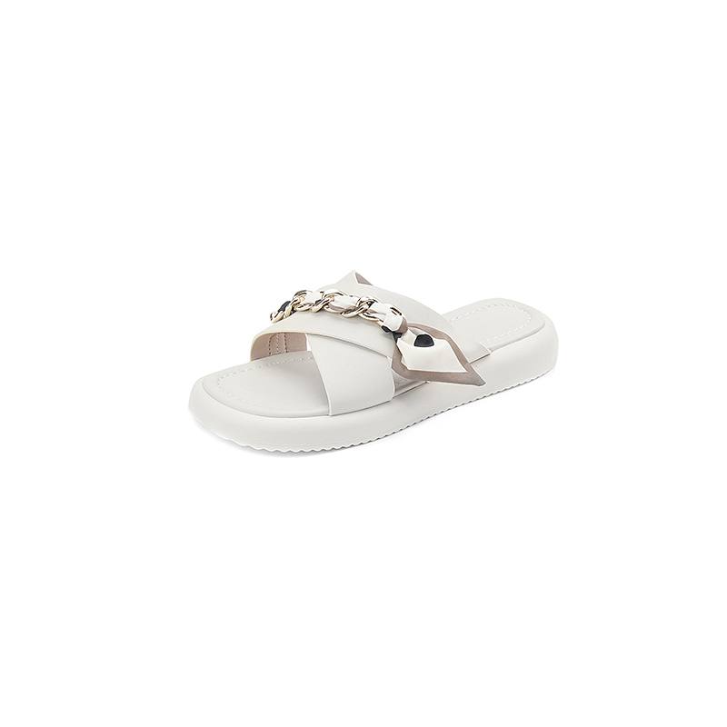 Мюли Krazing Pot из микрофибры с открытым носком на низком каблуке, летние женские тапочки на плоской платформе со сказочным дизайном и лентой, с металлическими цепочками для отдыха на открытом воздухе 34 слоновая кость