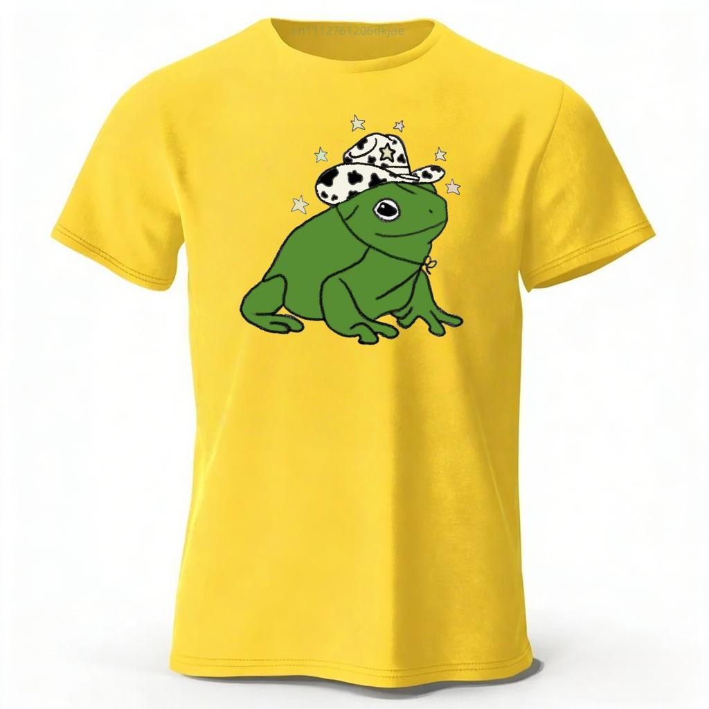 Western Cowboy Frog Fun Mens Cotton Short Sleeved Summer Womens Comfortable Soft Top Loose Fashion Casual Sports Tshirt
