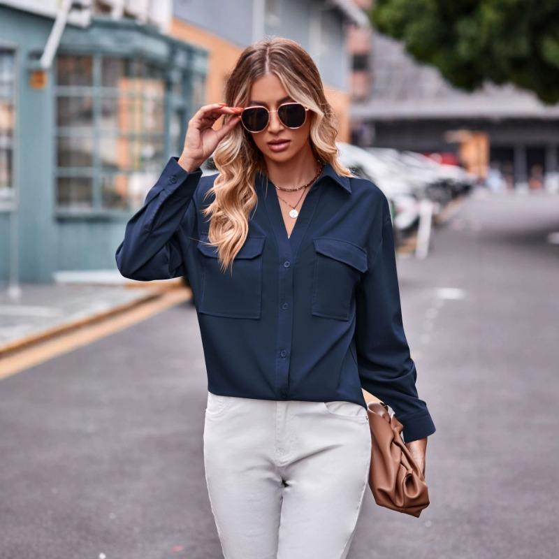 Women S Loose Fit Long Sleeve Shirt With Double Pockets Casual Fashion