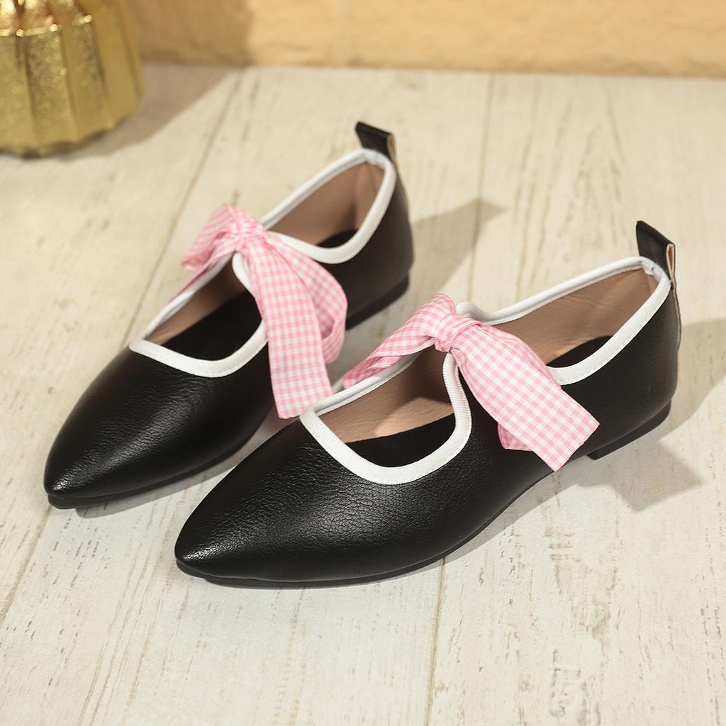 Plus-size Flat Shoes for Women Pointy Shallow Front Lace-up Butterfly Knot Soft Sole Non-slip Low Top Shoes