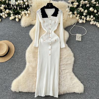 Women's Small Perfume Style Retro Color Collision Lapel Long-sleeved Metal Buckle Slim Thin Temperament Vertical Knit Dress