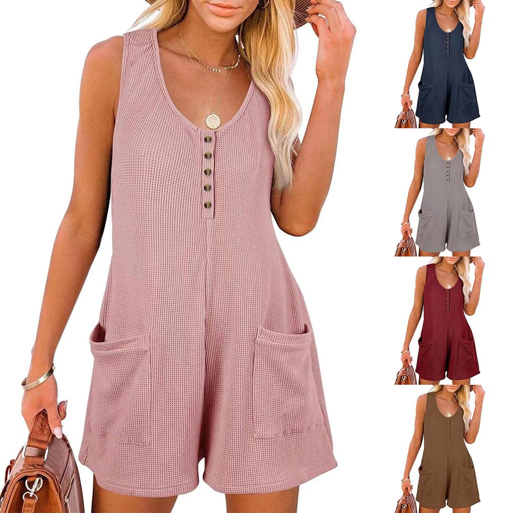 Dame Casual Rund Hals Med Lommer Ærmeløs Knaplukning Tanktop Jumpsuit Shorts Rompers